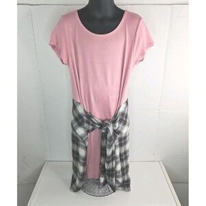 Justice Pink Dress w/ Faux Black Pink Flannel Shirt Tie Dress Size 8